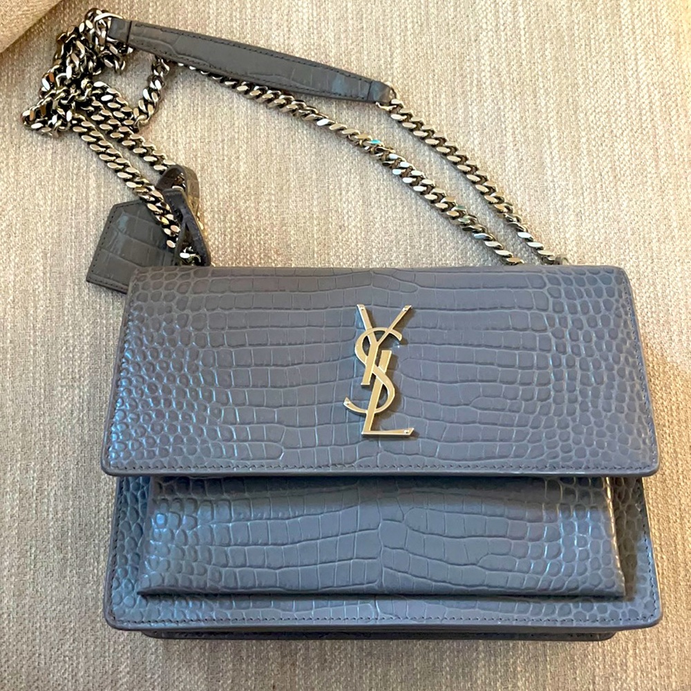 Yves Saint Laurent Sunset Bag size Medium in embossed grey leather